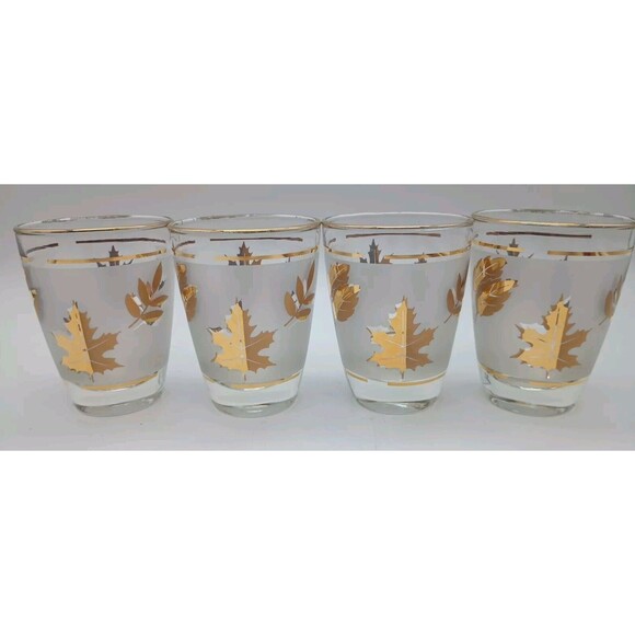 Anchor Hocking Golden Foliage Leaf Frosted 4 Juice Glasses 4oz 3 1/2" Fall - Picture 1 of 6